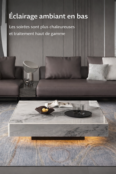 Table basse carrée effet marbre avec plateau en verre trempé