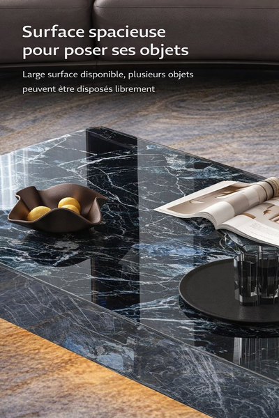 Table basse carrée effet marbre avec plateau en verre trempé