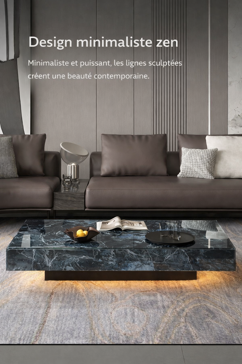 Table basse carrée effet marbre avec plateau en verre trempé