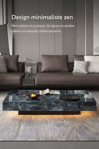 Table basse carrée effet marbre avec plateau en verre trempé