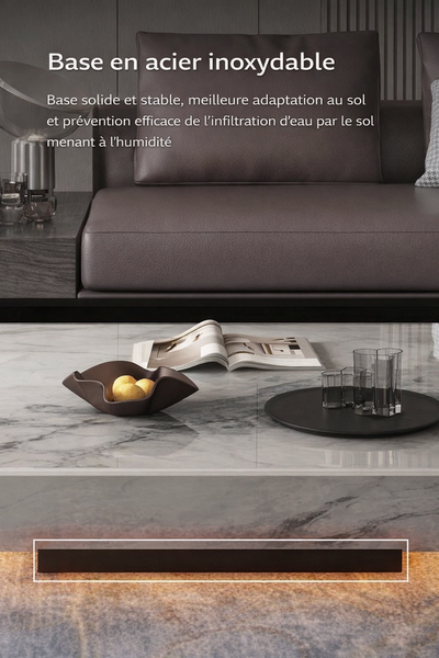 Table basse carrée effet marbre avec plateau en verre trempé