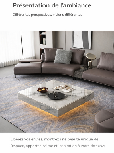 Table basse carrée effet marbre avec plateau en verre trempé