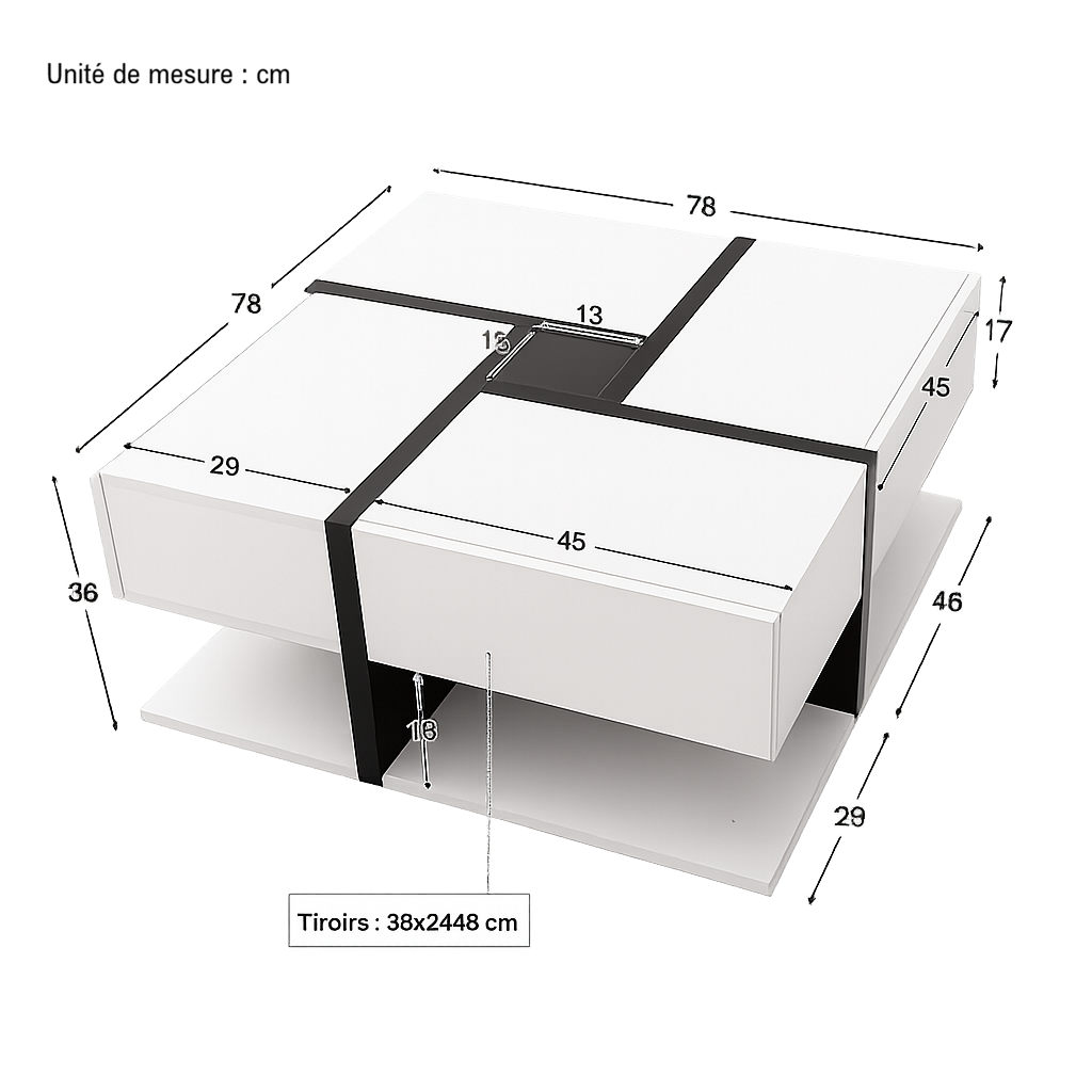 Table basse carrée moderne noire et blanche avec rangements