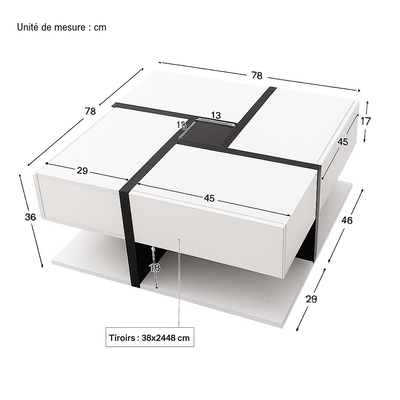 Table basse carrée moderne noire et blanche avec rangements