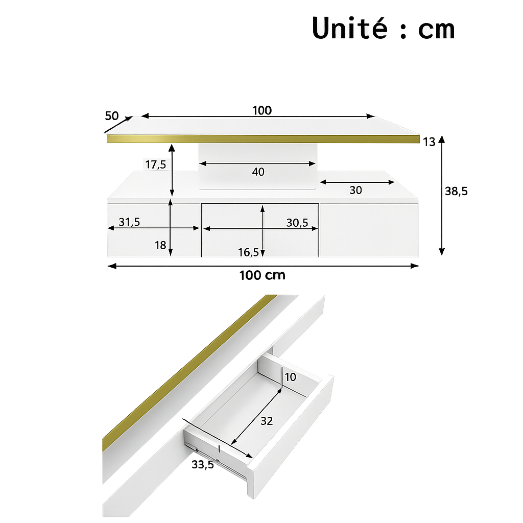 Table basse design à 2 niveaux avec tiroir et LED