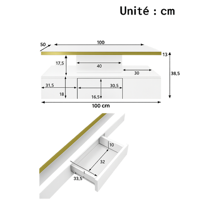 Table basse design à 2 niveaux avec tiroir et LED