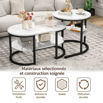 Table basse gigogne ronde et ovale avec rangement