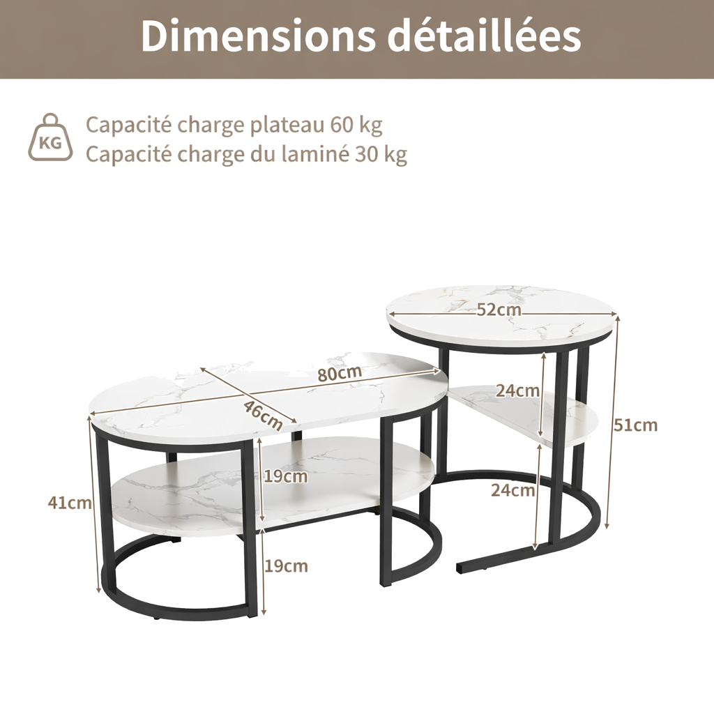 Table basse gigogne ronde et ovale avec rangement