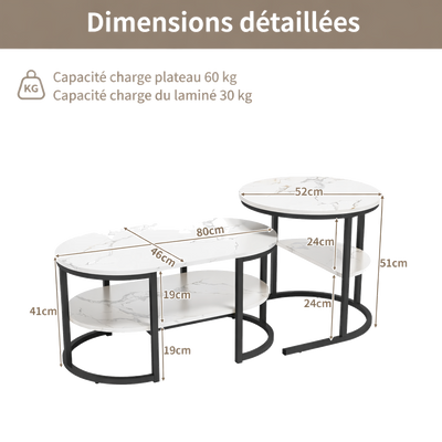 Table basse gigogne ronde et ovale avec rangement