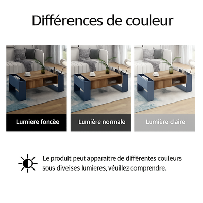 Table basse moderne bois et bleu profond avec rangement