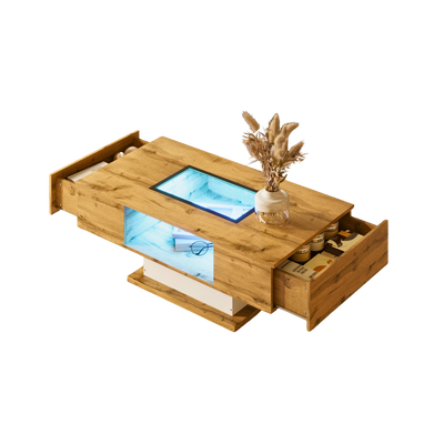 Table basse moderne en bois et verre avec LED et tiroirs