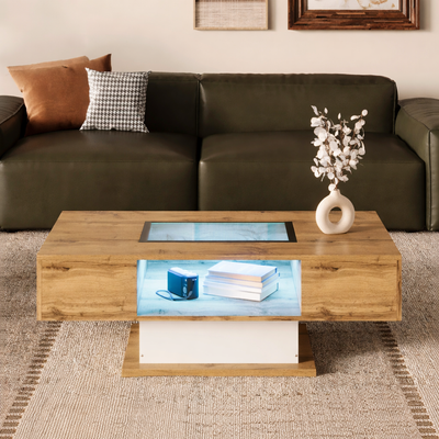 Table basse moderne en bois et verre avec LED et tiroirs