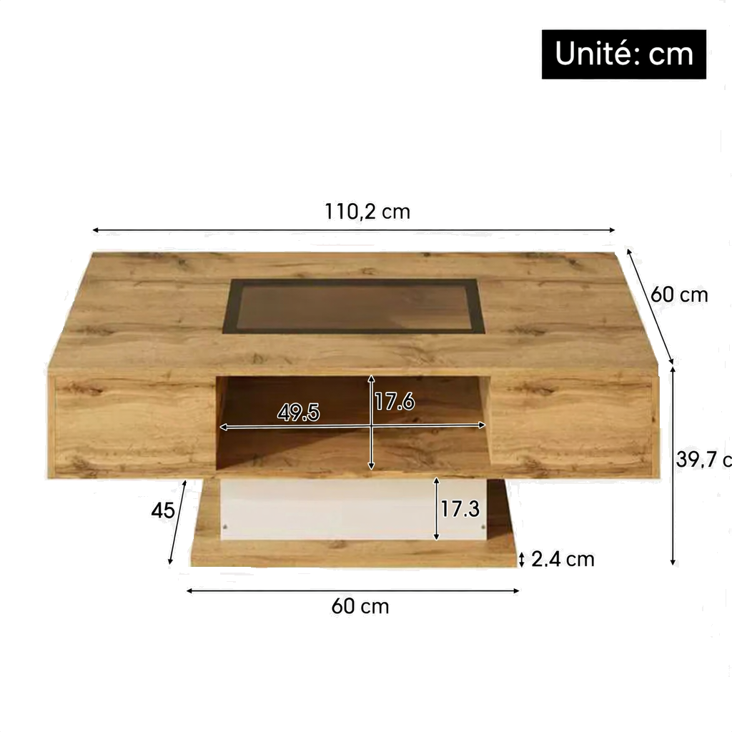 Table basse moderne en bois et verre avec LED et tiroirs
