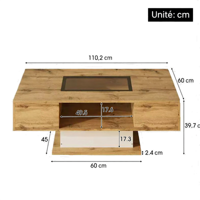 Table basse moderne en bois et verre avec LED et tiroirs