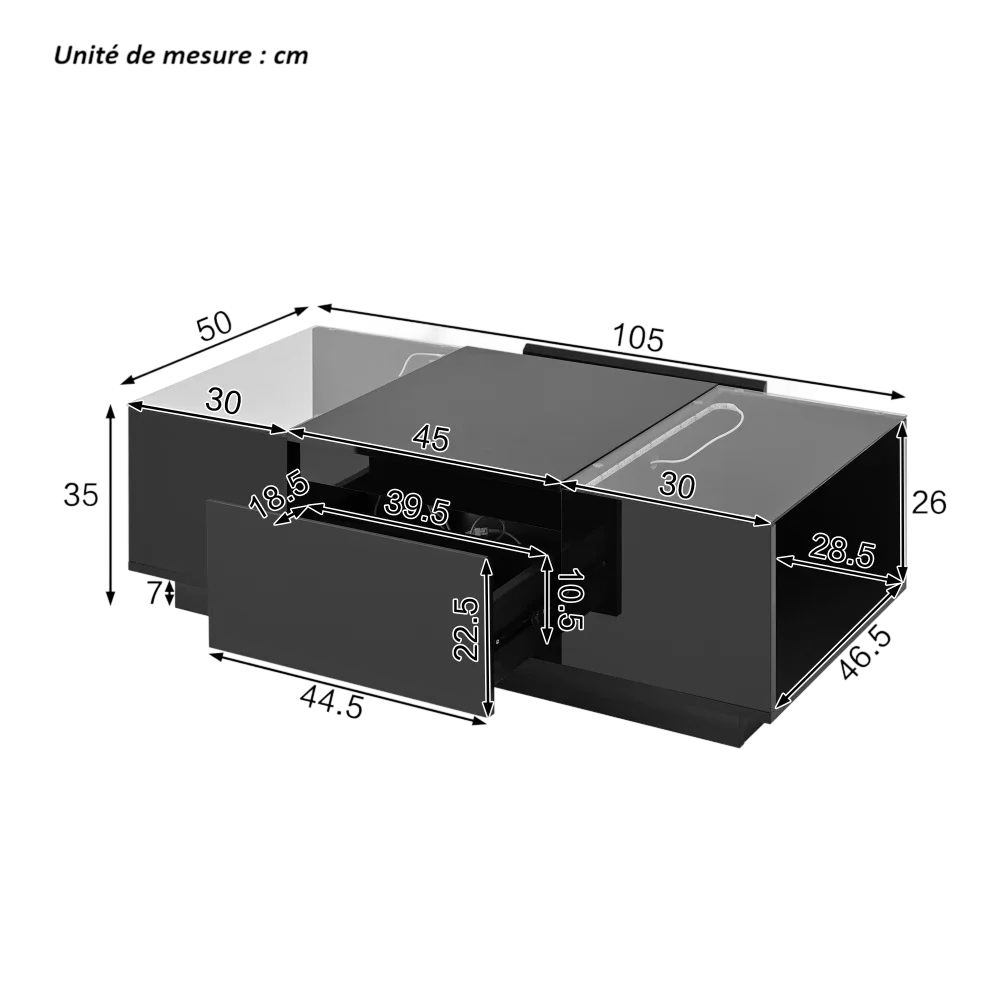 Table basse moderne en verre avec LED et rangements