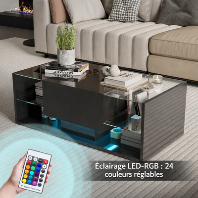 Table basse noire avec étagères en verre et éclairage LED