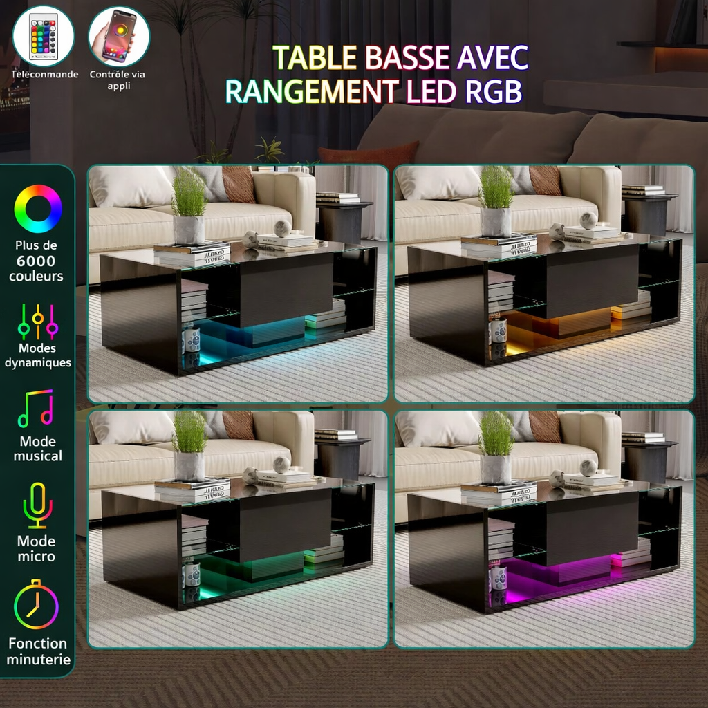 Table basse noire avec étagères en verre et éclairage LED