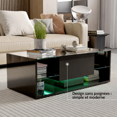Table basse noire avec étagères en verre et éclairage LED