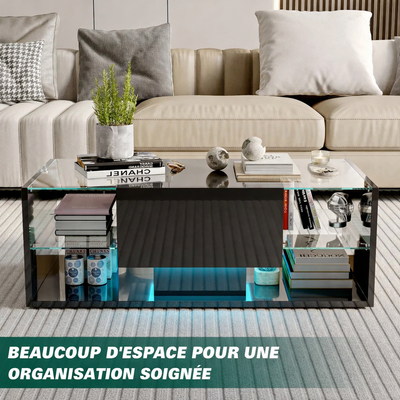 Table basse noire avec étagères en verre et éclairage LED