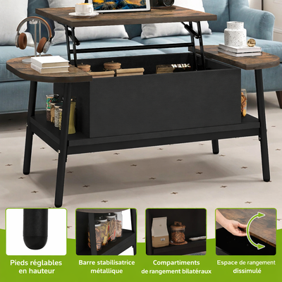 Table basse organique relevable avec rangement