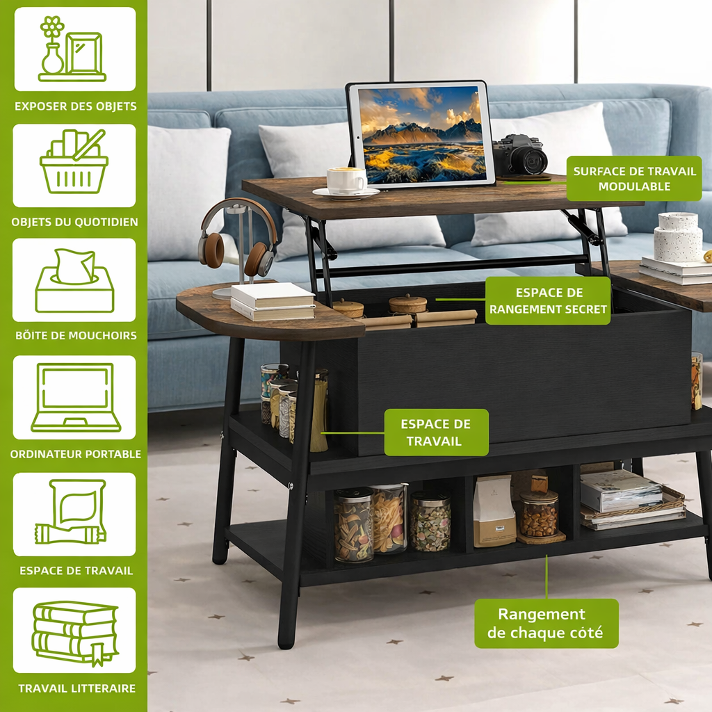 Table basse organique relevable avec rangement