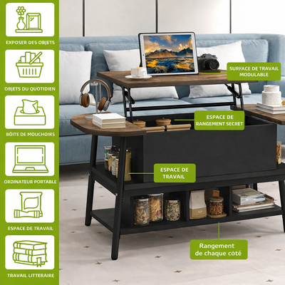 Table basse organique relevable avec rangement