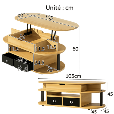 Table basse ovale relevable avec rangements design et bois