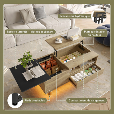 Table basse plateau relevable bois avec plateau coulissant et LED
