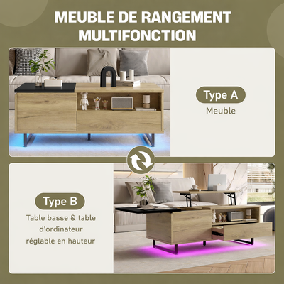Table basse plateau relevable bois avec plateau coulissant et LED