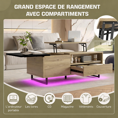 Table basse plateau relevable bois avec plateau coulissant et LED