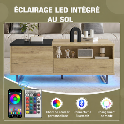 Table basse plateau relevable bois avec plateau coulissant et LED