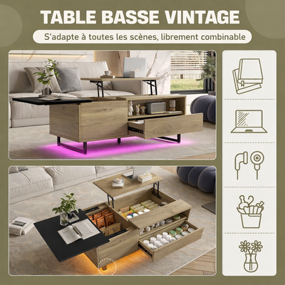 Table basse plateau relevable bois avec plateau coulissant et LED