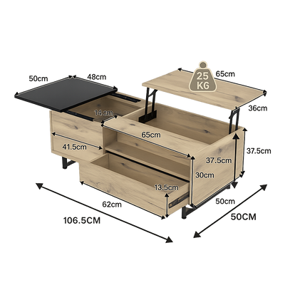 Table basse plateau relevable bois avec plateau coulissant et LED