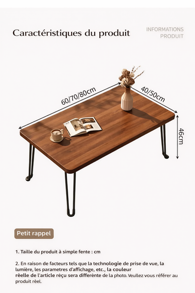 Table basse pliante rectangulaire en bois pour petit espace