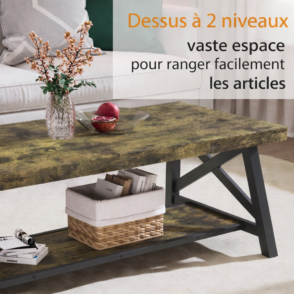 Table basse rectangulaire en bois et métal vintage avec rangement