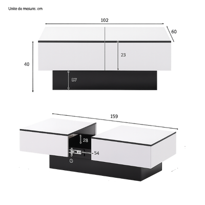 Table basse rectangulaire extensible avec rangements noire et blanche