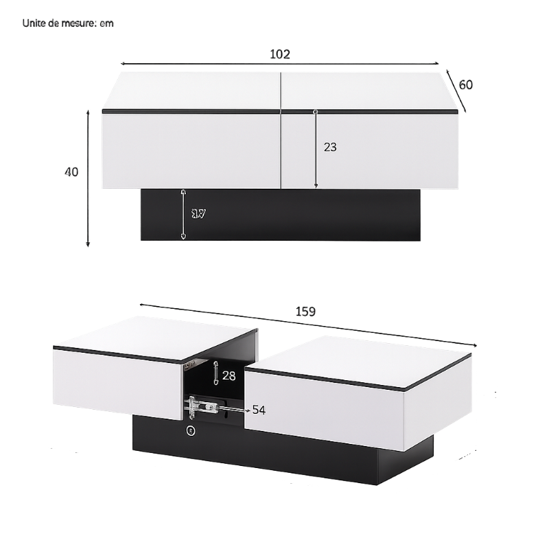 Table basse rectangulaire extensible avec rangements noire et blanche