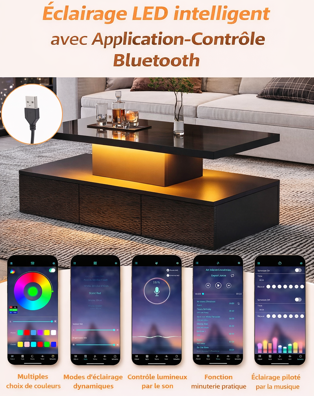 Table basse rectangulaire noire à double plateau avec LED et rangement