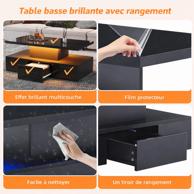 Table basse rectangulaire noire à double plateau avec LED et rangement