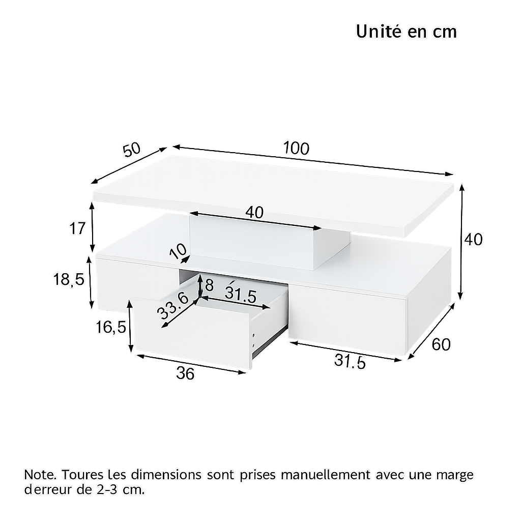 Table basse rectangulaire noire à double plateau avec LED et rangement