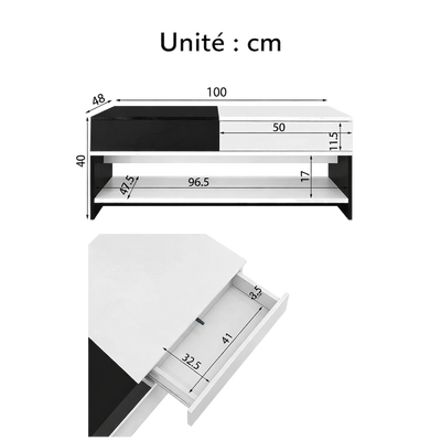 Table basse rectangulaire noire et blanche design avec rangements