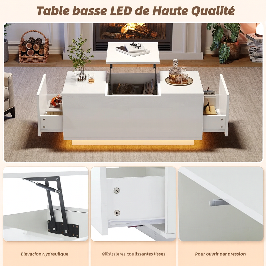 Table basse relevable avec LED et plateau ajustable