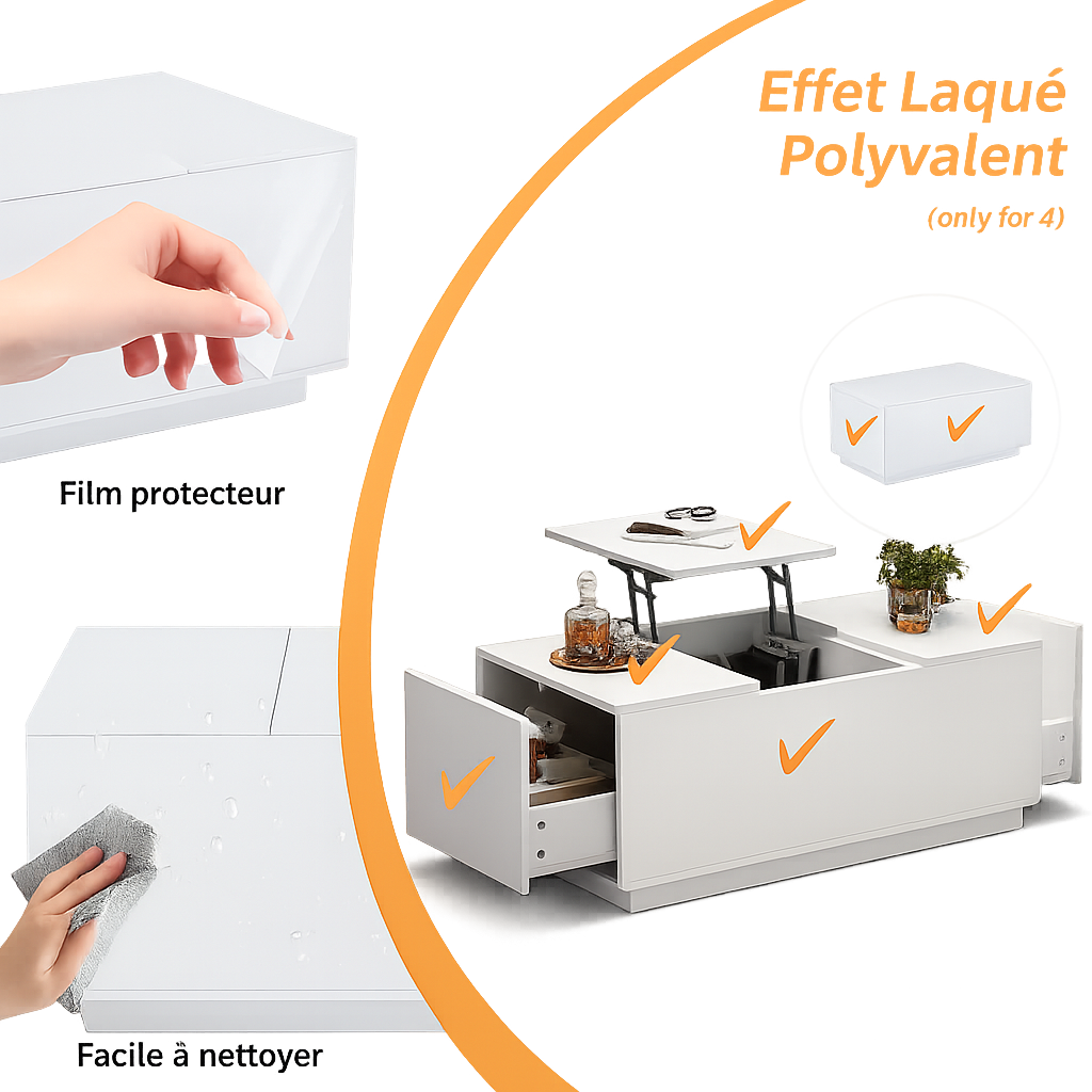 Table basse relevable avec LED et plateau ajustable