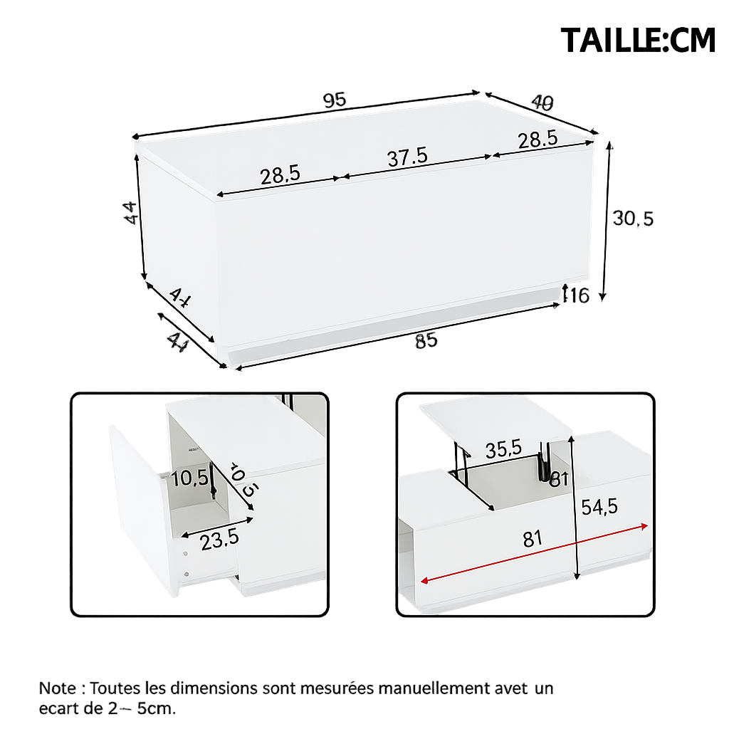 Table basse relevable avec LED et plateau ajustable