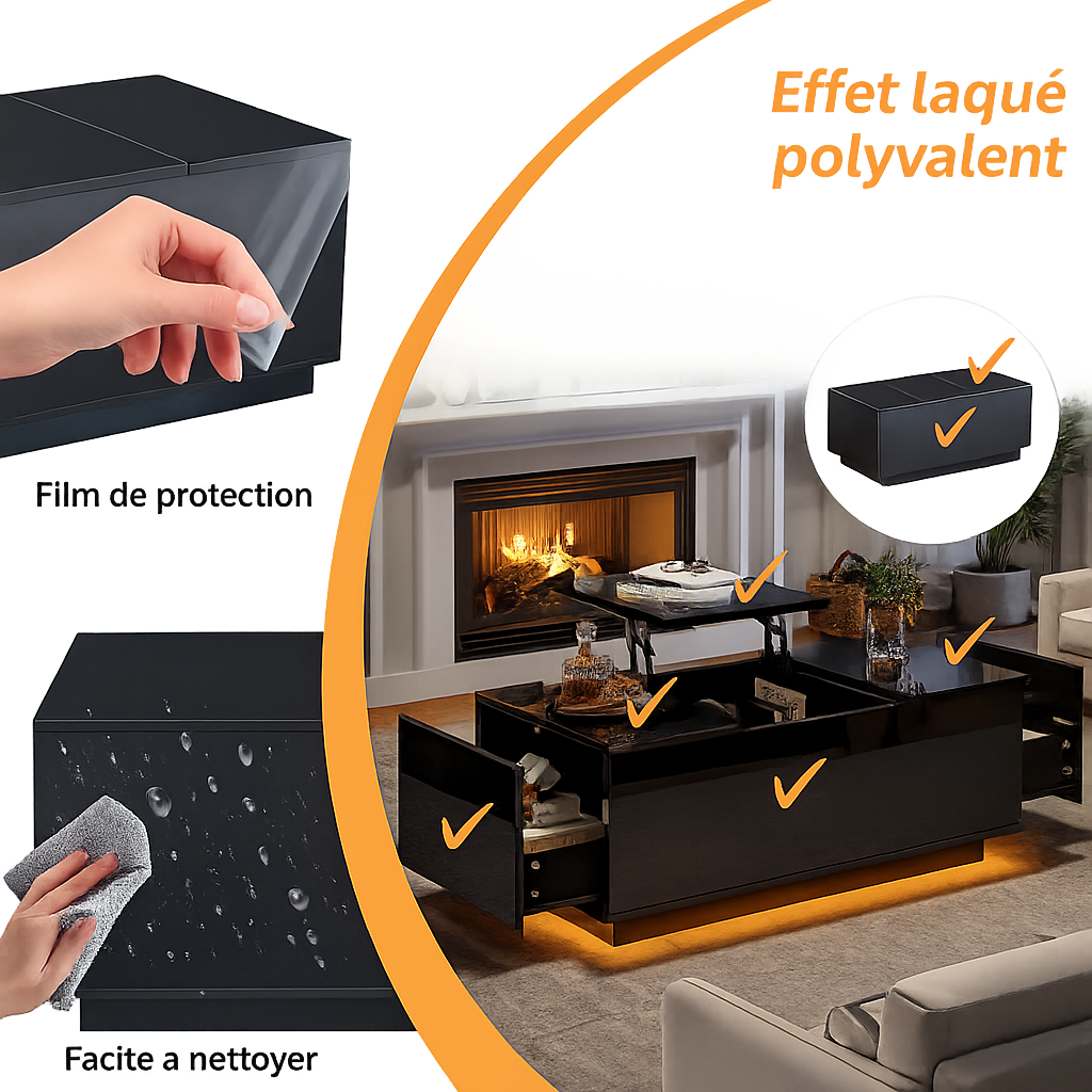 Table basse relevable avec LED et plateau ajustable