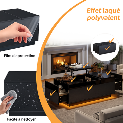 Table basse relevable avec LED et plateau ajustable