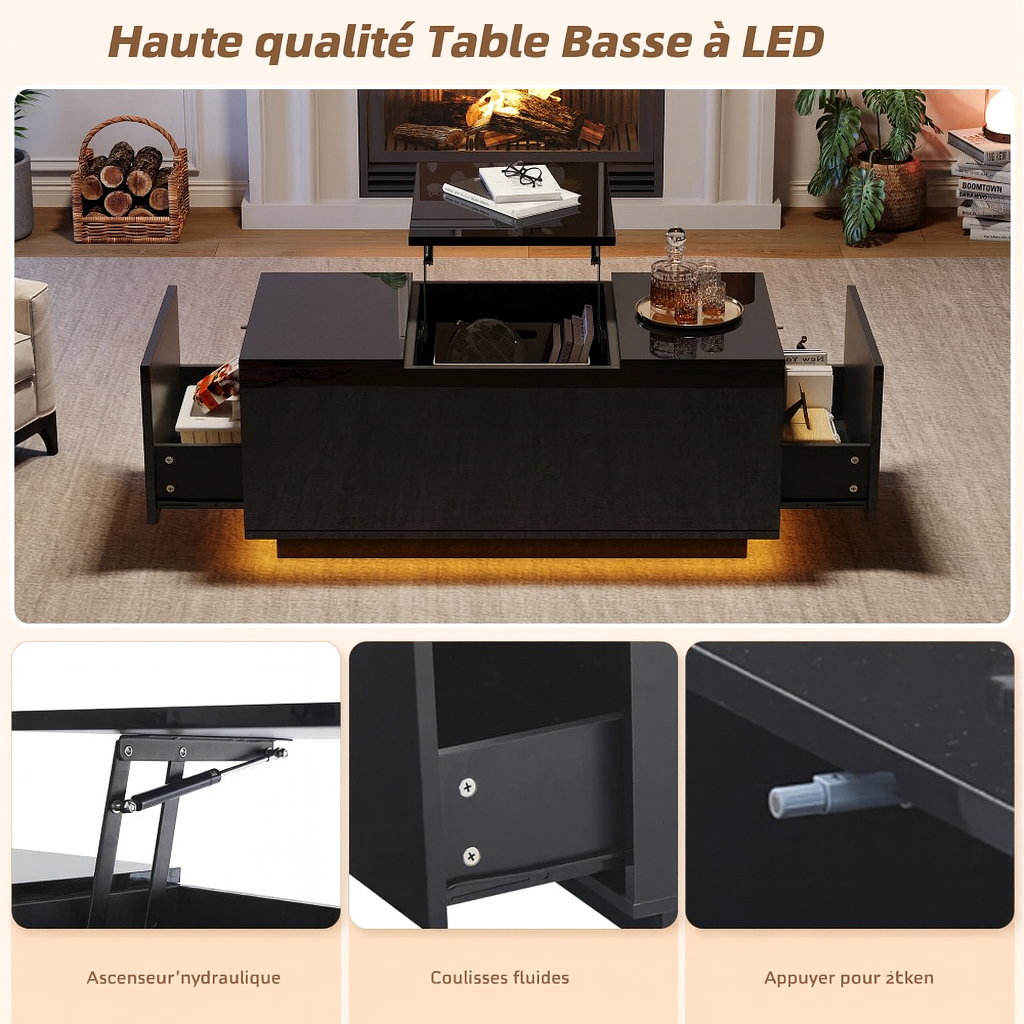 Table basse relevable avec LED et plateau ajustable
