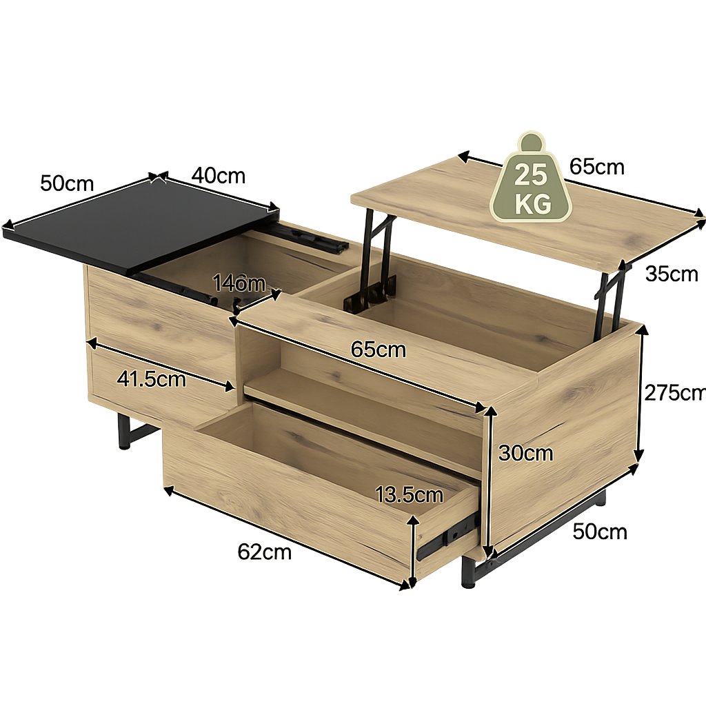 Table basse relevable en bois et métal avec LED