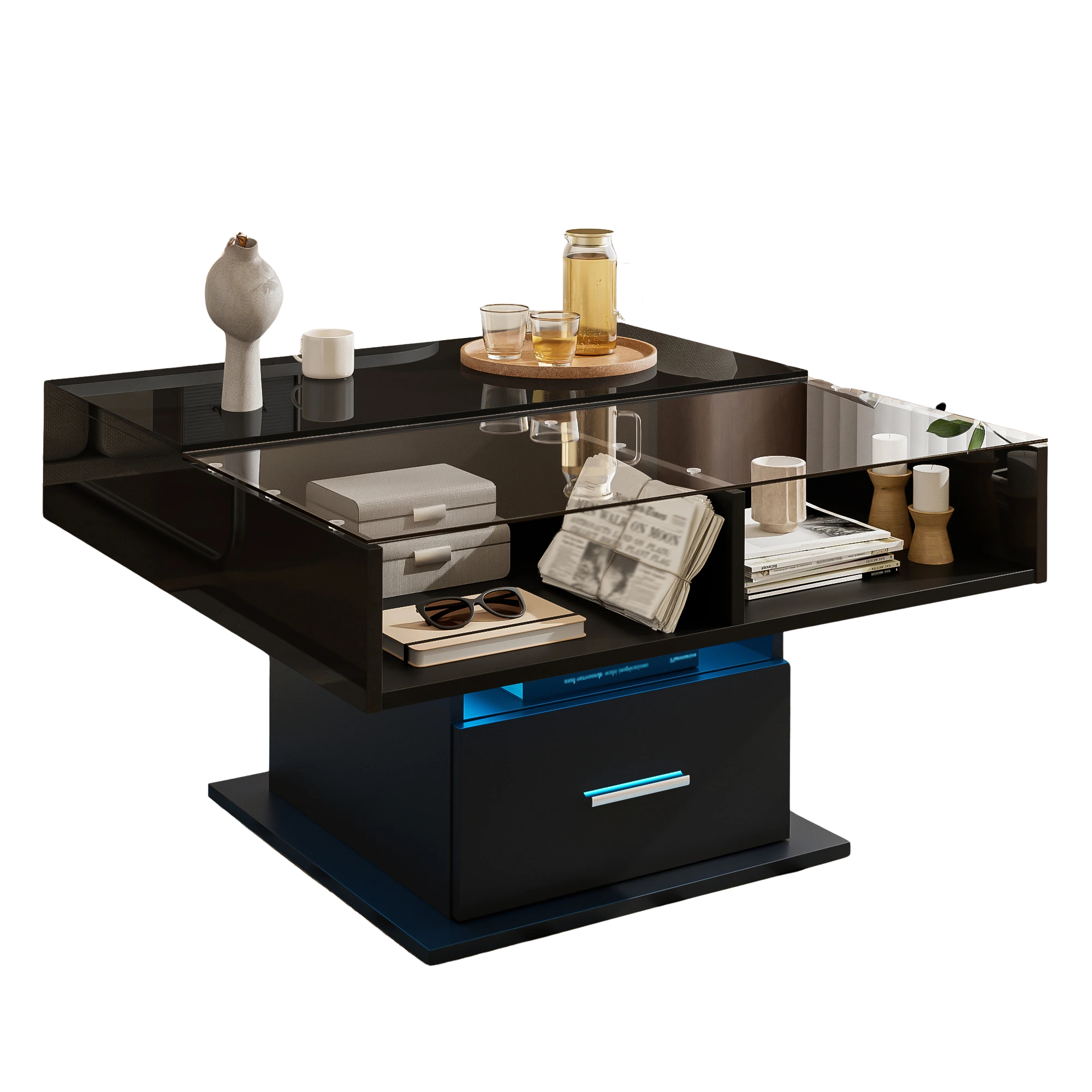 Table basse relevable extensible avec vitrine et LED