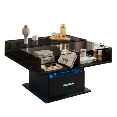 Table basse relevable extensible avec vitrine et LED
